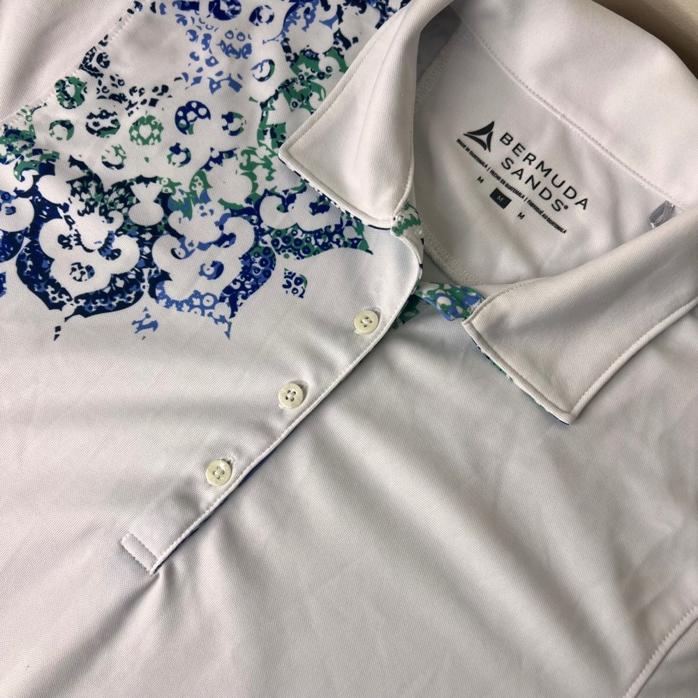 Bermuda Sands Women's White Blue Paisley Mandala Performance Golf Polo Shirt Med